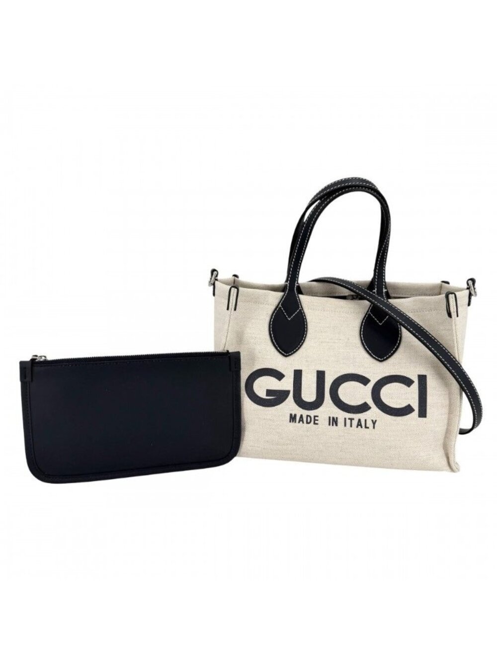 Gucci 2-Way Tote Shoulder Crossbody Lido Cotton Linen Beige Navy Silver